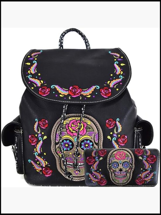 Skull Day of Dead Backpack Purse Set Vegan Leather Gothic Punk Mini Backpack main image 4